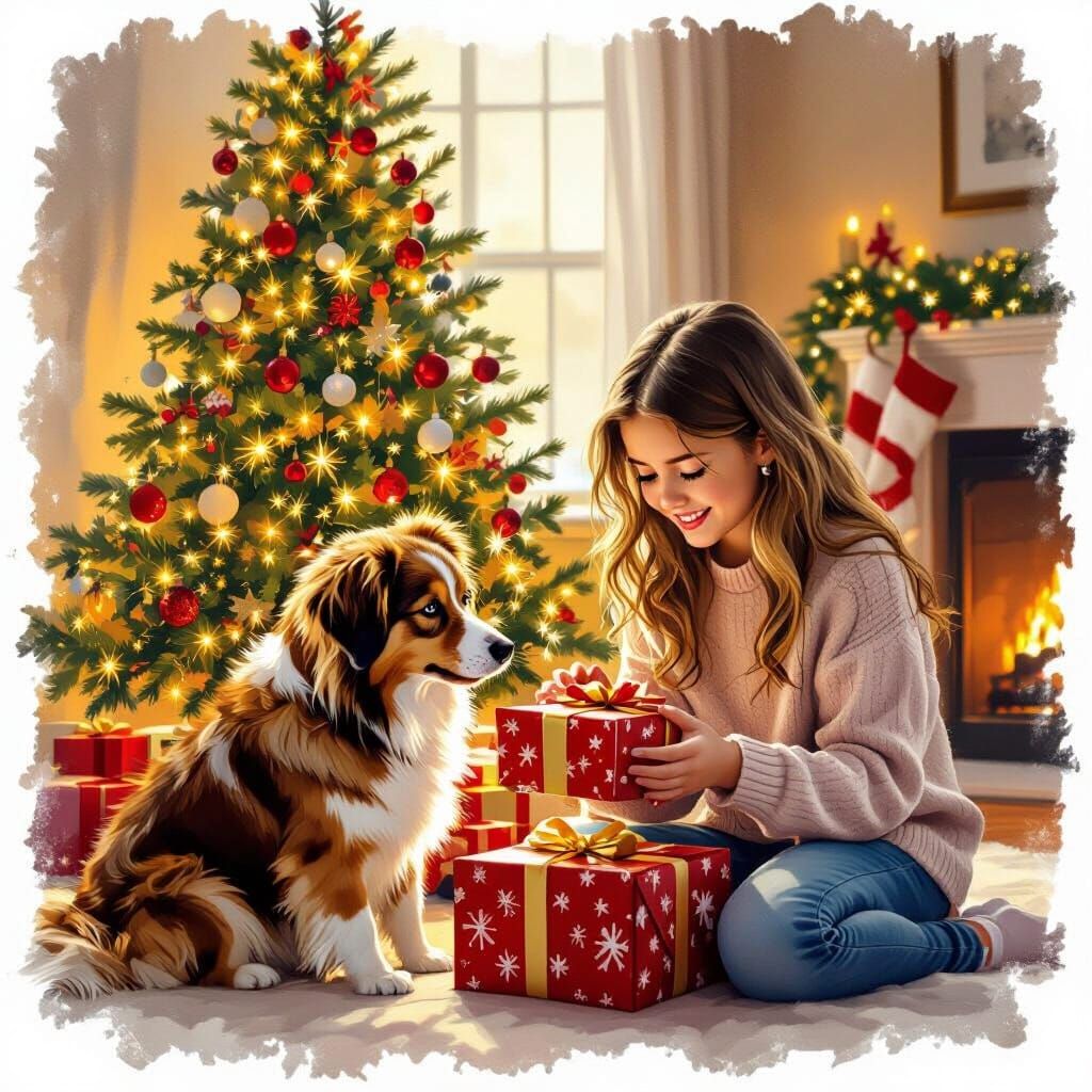 Girl Opens Christmas Gift Beside Dog and Tree