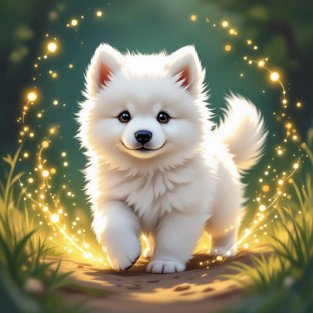 Fluffy Samoyed Puppy Amidst Golden and Sapphire Magic