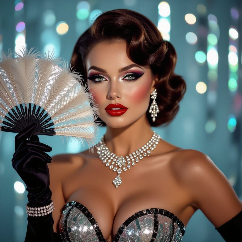 Burlesque Beauty with Feather Fan, Hyperrealistic Portrait