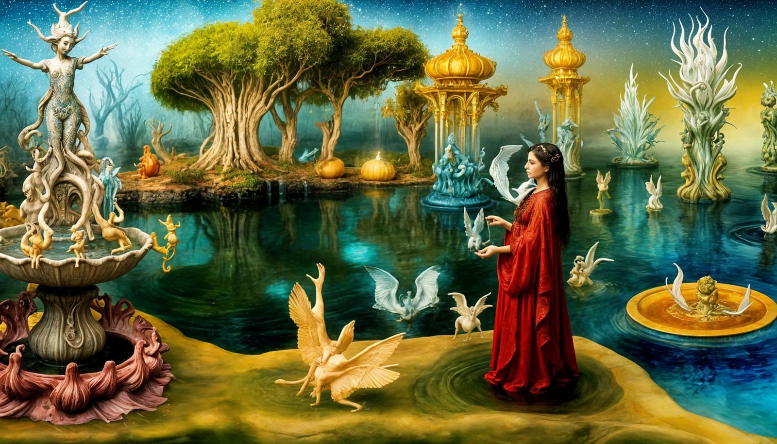 Mystical Fountain with Nymphs in Baroque Surrealism