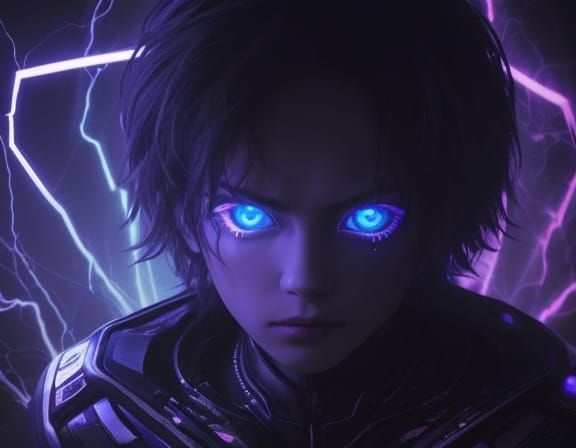 Boy with Electric Eyes in Dark Surrealism Style
