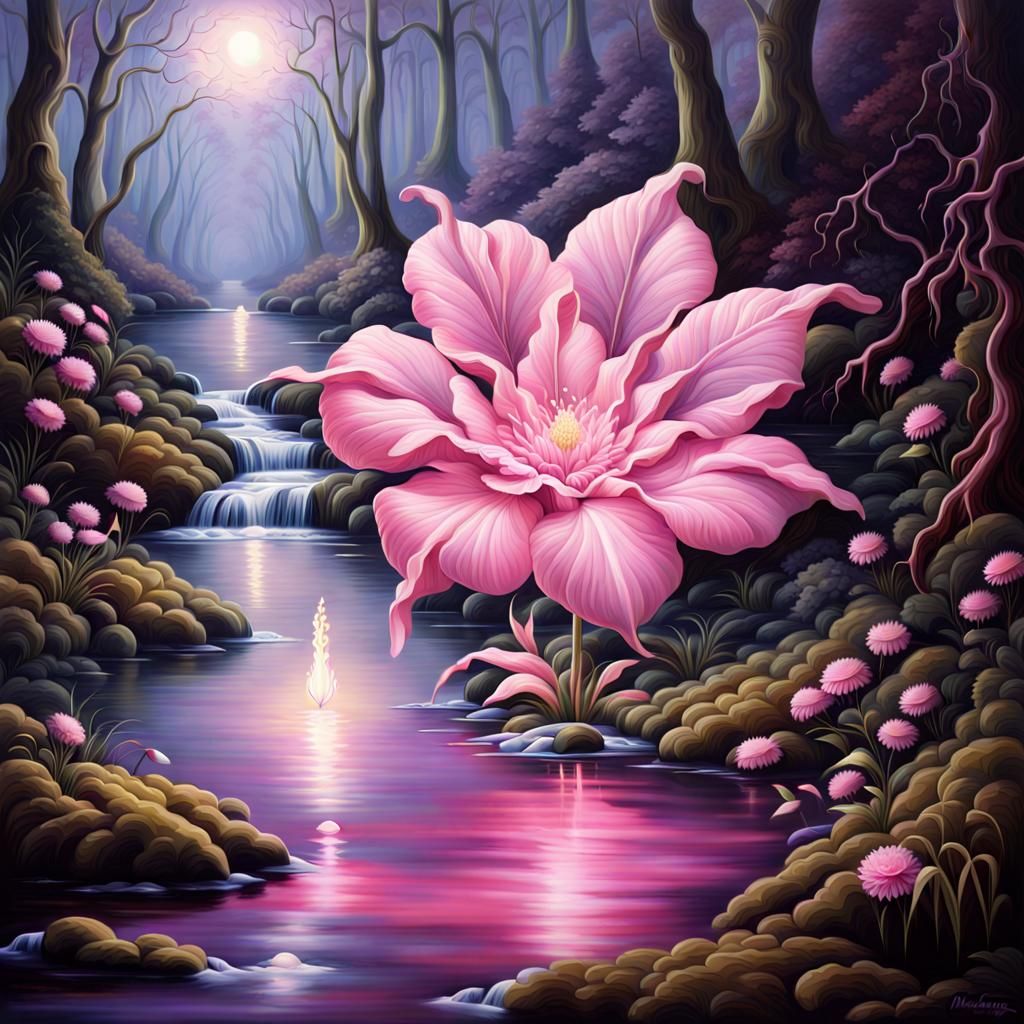Pink Magic Flower in Brook, Venetian Rococo Style