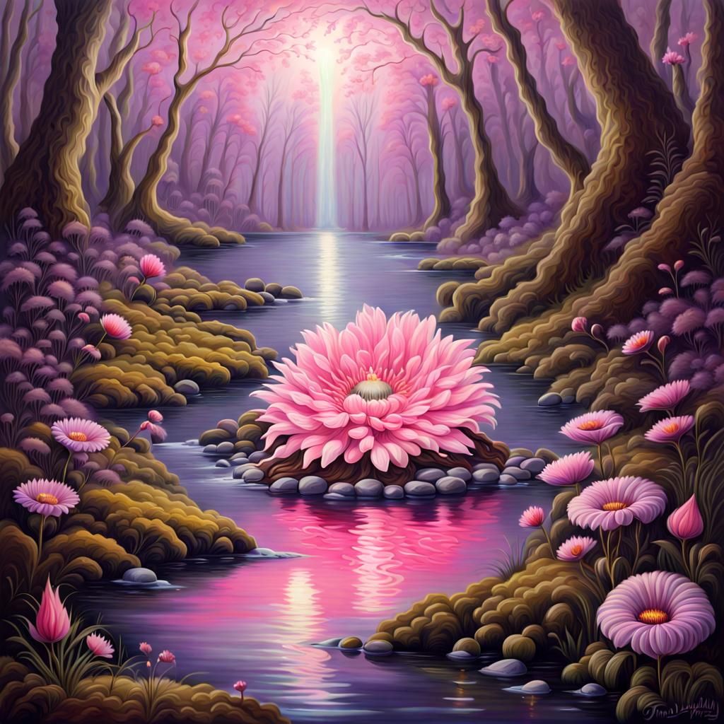 Pink Magic Flower in Brook as Rococo Painting