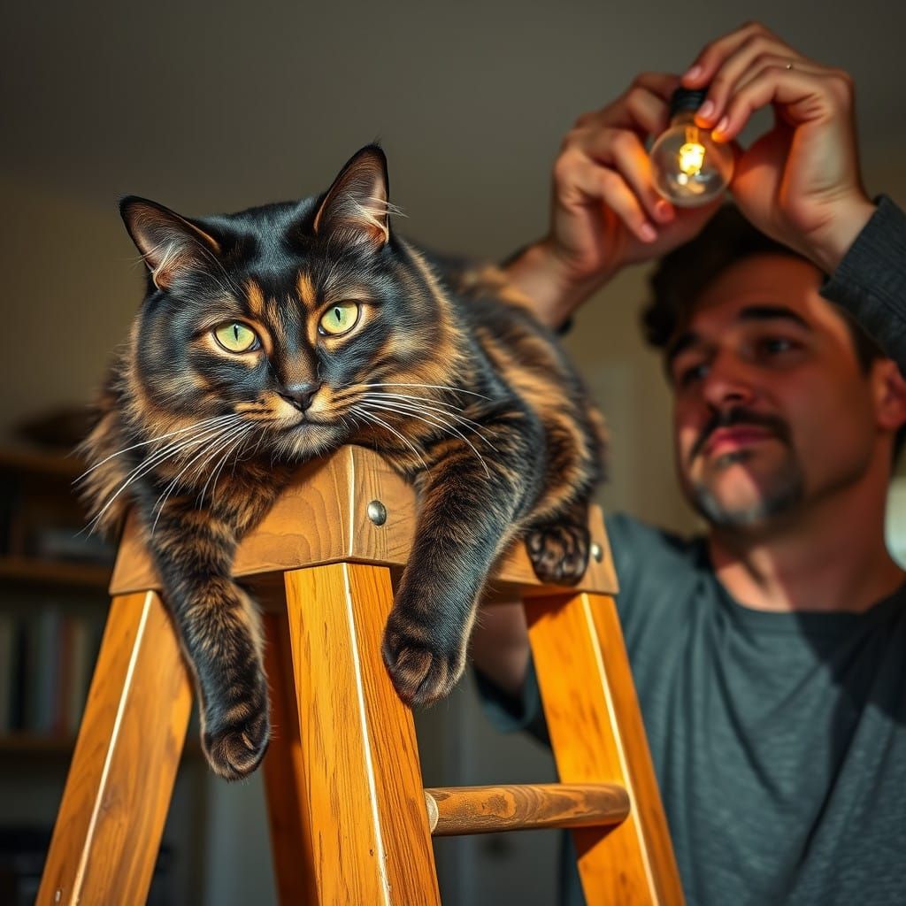 Regal Tabby Cat Observes Man Changing Lightbulb
