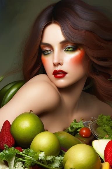 An attractive fantasy brunette vegan in her twenties with vegetables