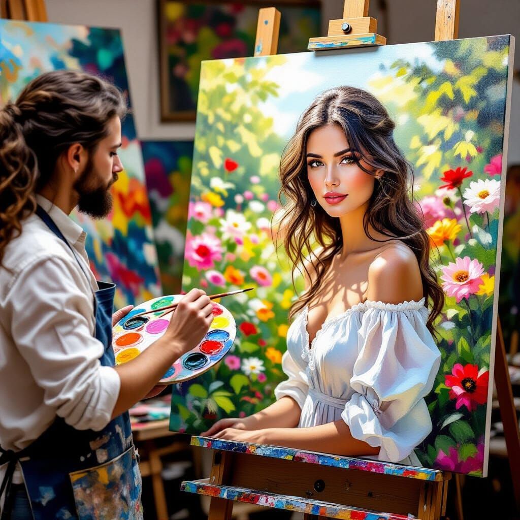 Oil Painting of Woman in Garden by Painter