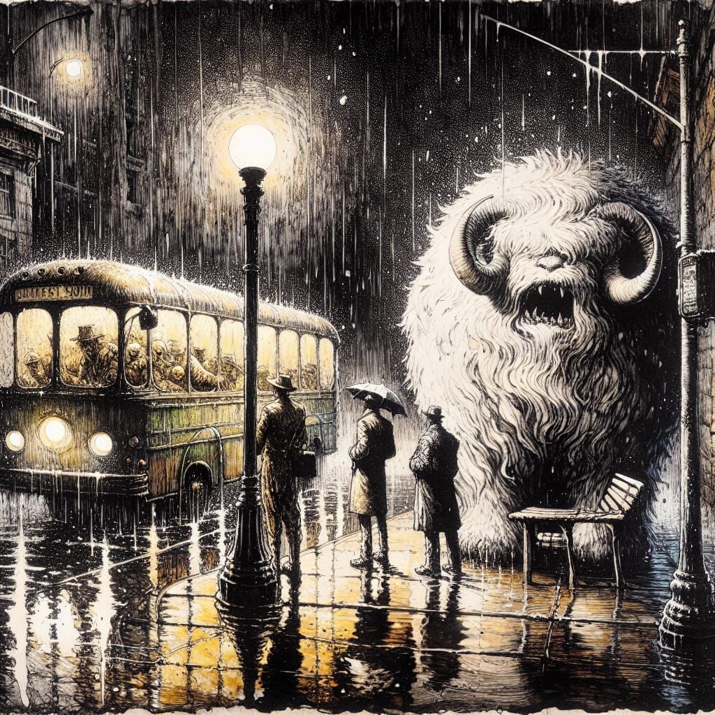 Expressive Ink Drawing of Soldier and Creature at Bus Stop