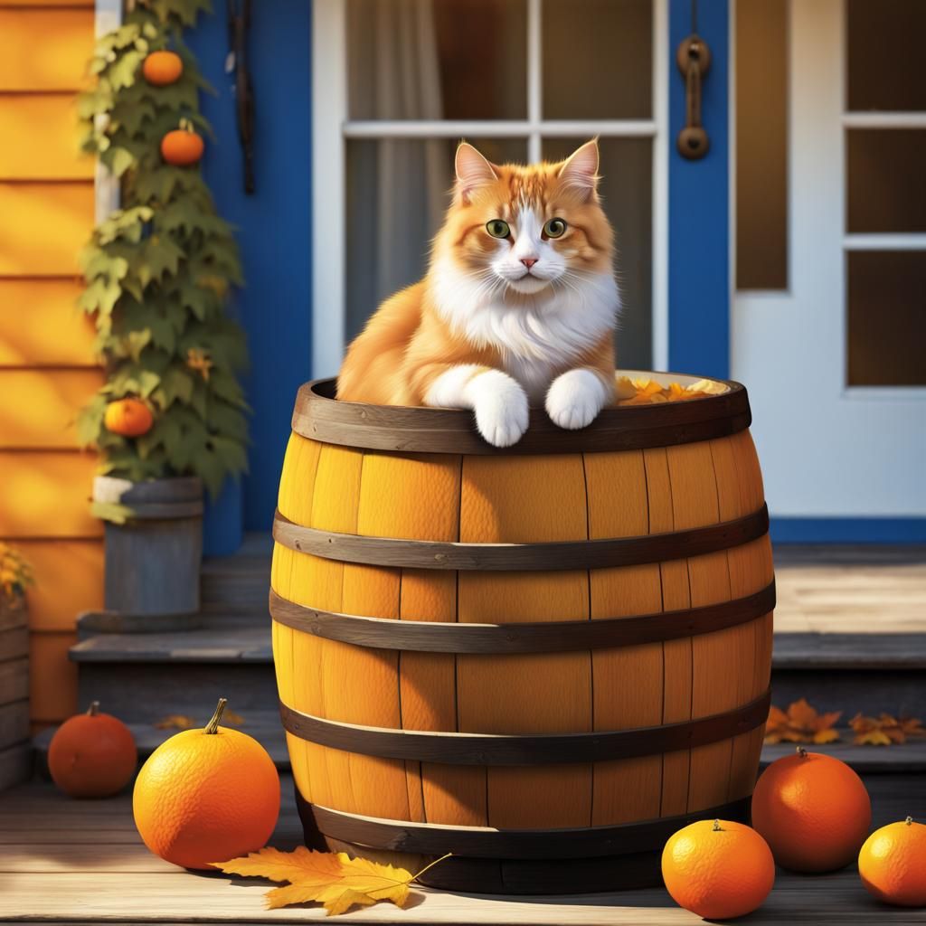 Autumn Cat on Porch in Matte Painting Style
