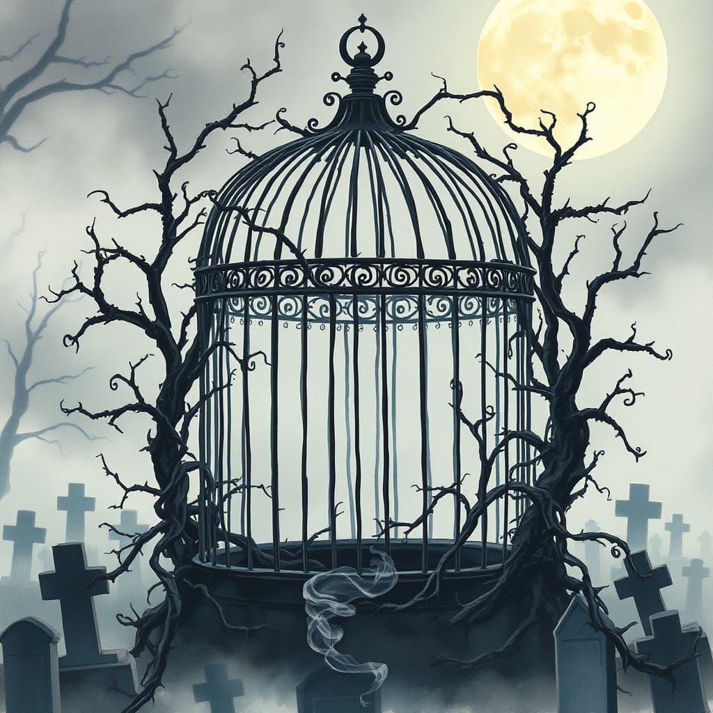 Gothic Birdcage in Moonlit Graveyard