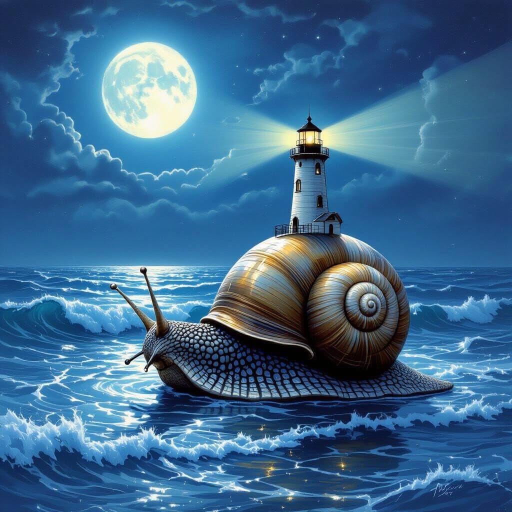 Giant Snail Carries Lighthouse Across Moonlit Ocean