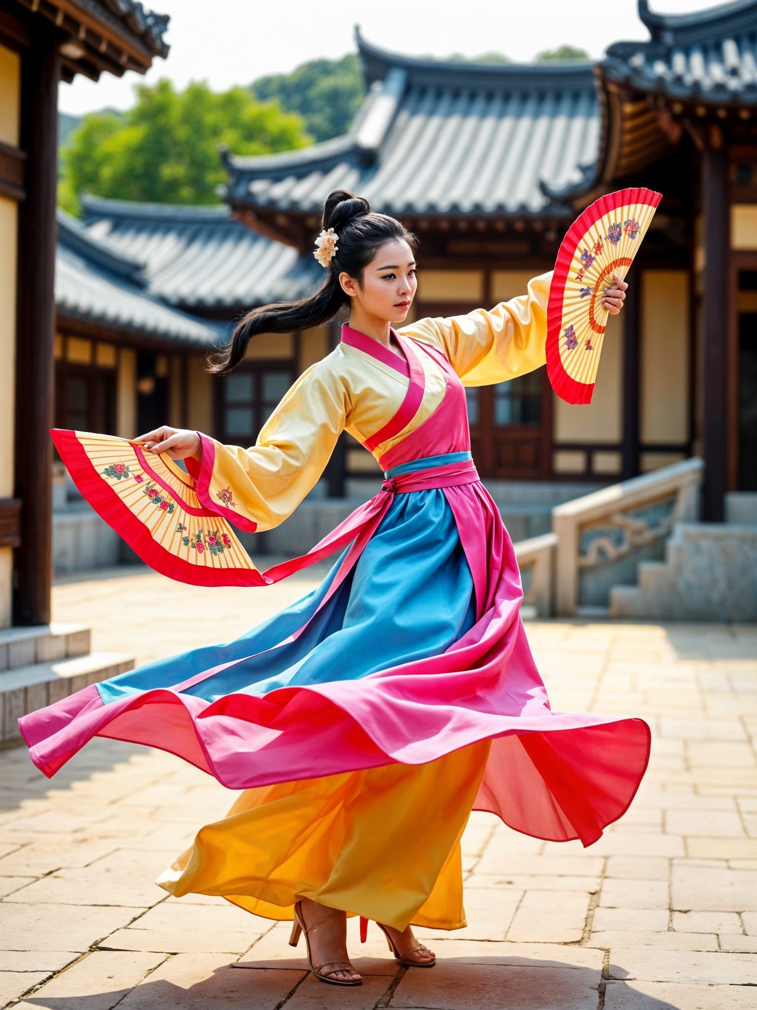 Elegant Korean Woman Performs Traditional Fan Dance in Palac...