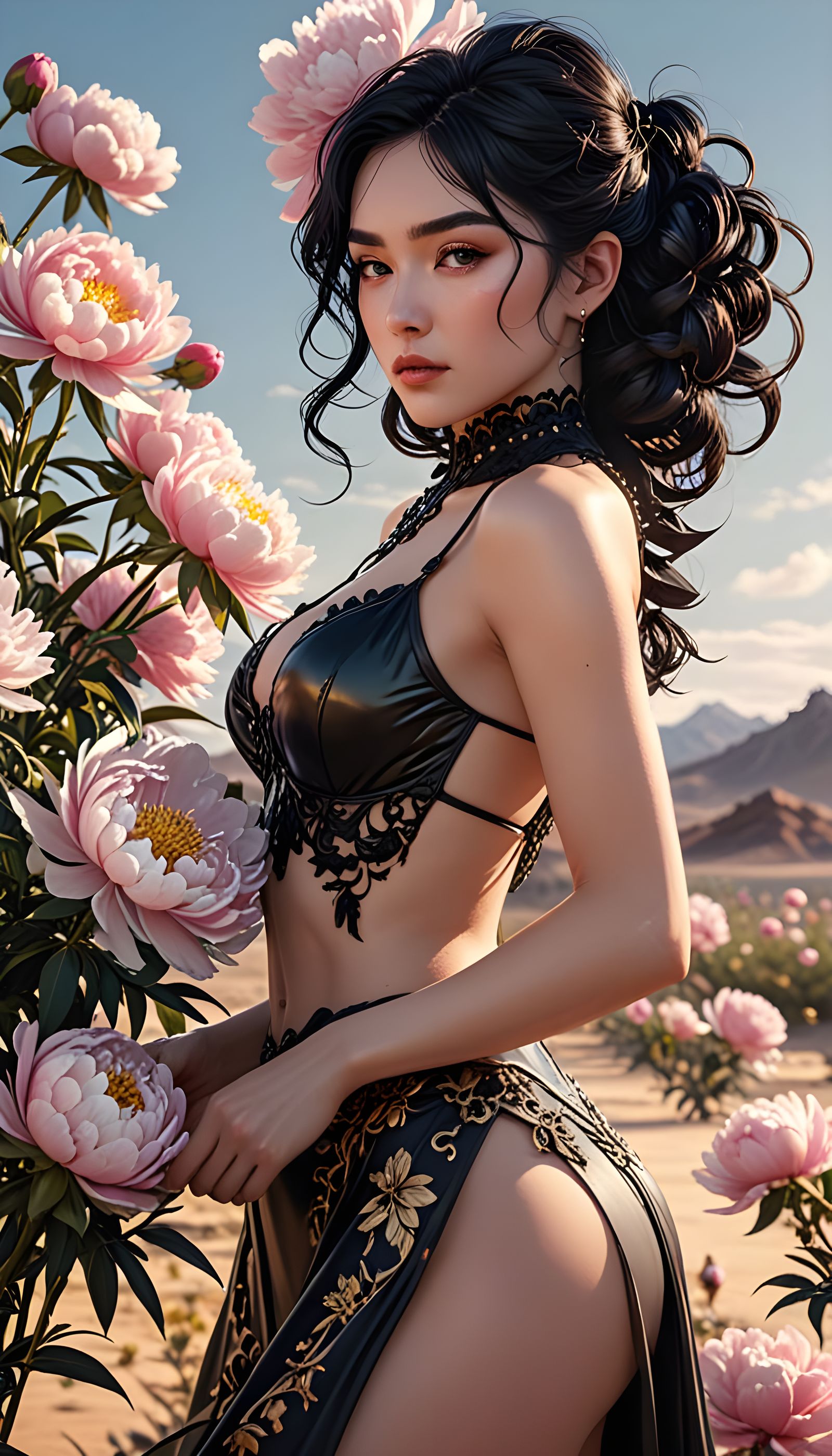 Gothic Woman Tending Desert Peonies in Anime Style