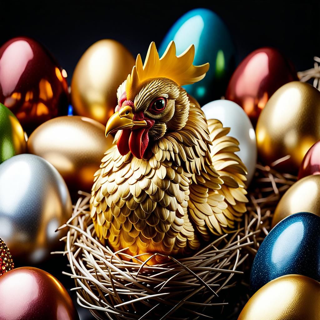 Golden Chicken on Faberge Nest: Professional Portrait