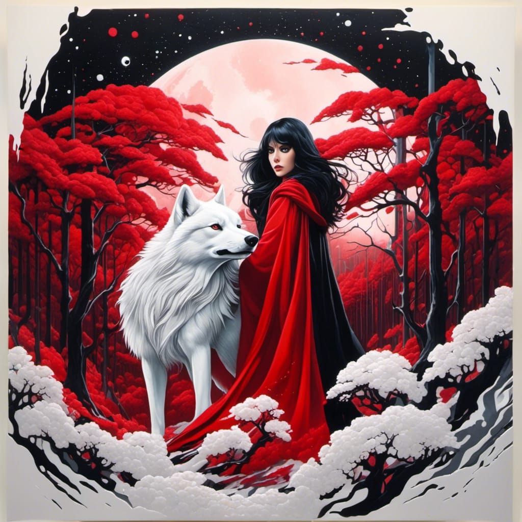 Raven-Haired Woman in Glowing Forest with White Wolf