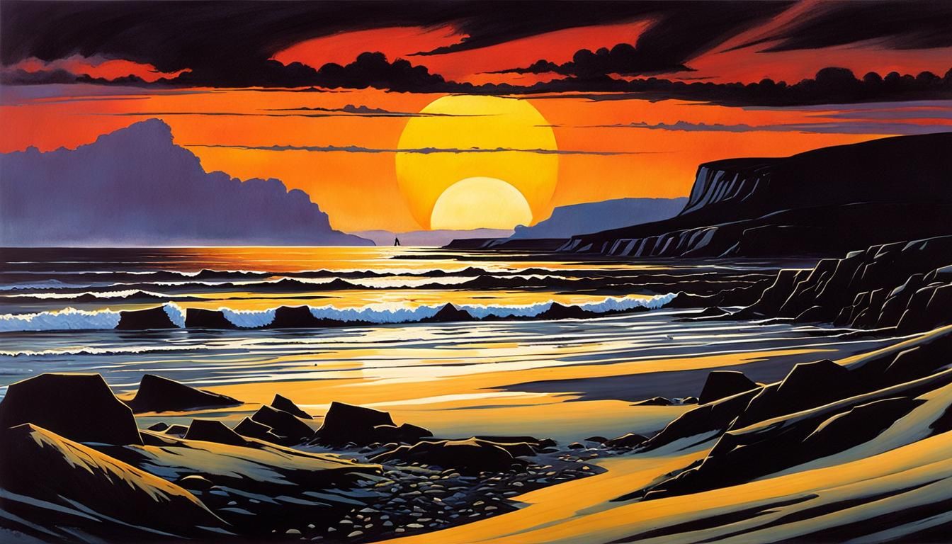 Ominous Sunset Shadows on Beach in Gouache Style