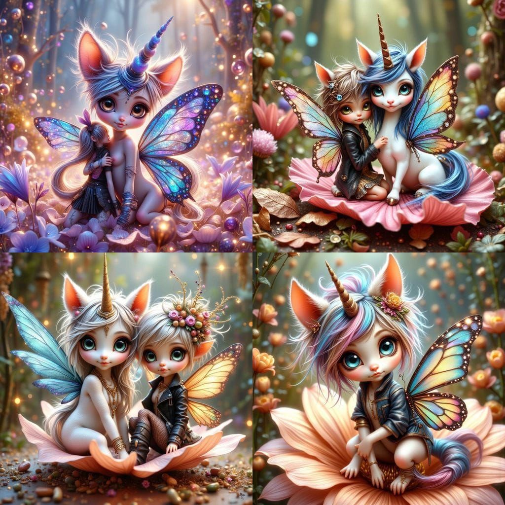 Delicate Unicorn Sits with Tiny Fairy, Punk Style