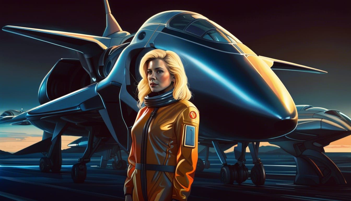 Woman in Flight Suit Beside Rocket Plane