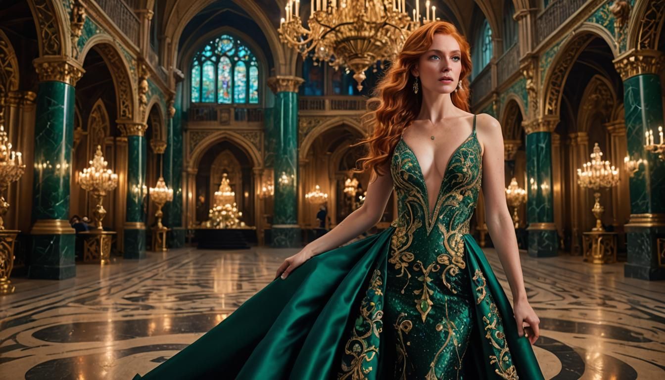 Redhead in Lavish Gown at Gala, Digital Art