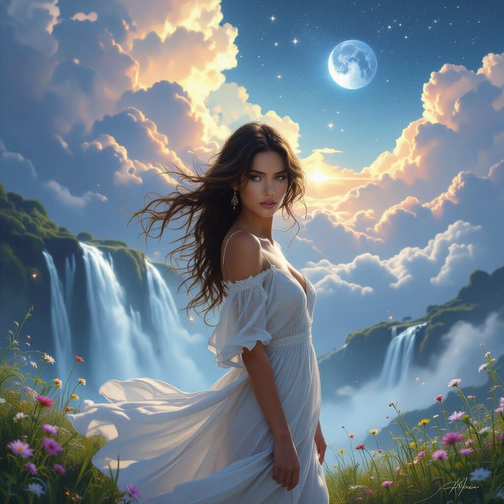 Woman Gazes Intently, Flowing Dress Amidst Cosmic Clouds and...