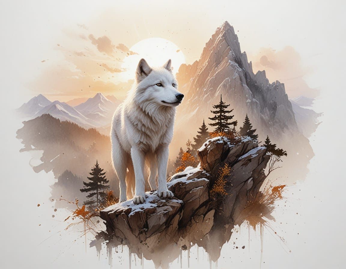 White Wolf Gazes at Temple on Misty Mountain, Painterly Real...