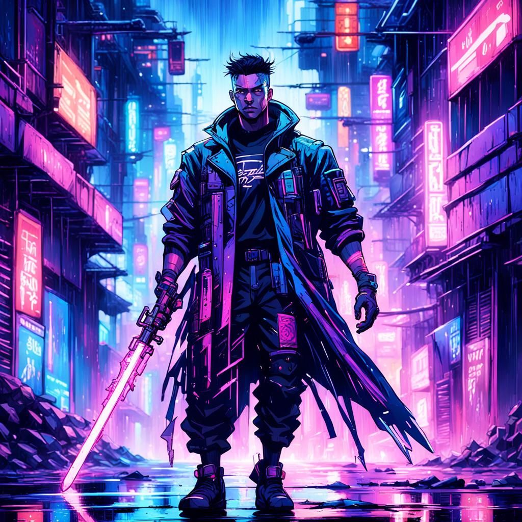 Cyberpunk Nitro Slayer in Neon City Alleyway