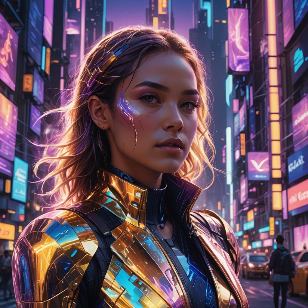 Futuristic AI Woman in Neon Cityscape