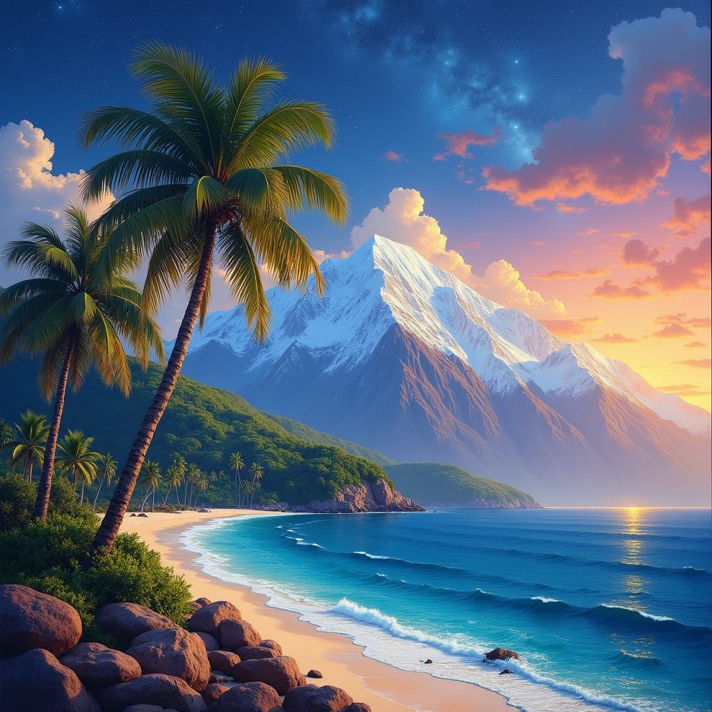 Tropical Island Meets Snowy Peaks, Romantic Oil Painting