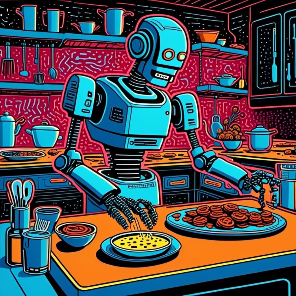 Robot Chef in Futuristic Kitchen with Neon Lights