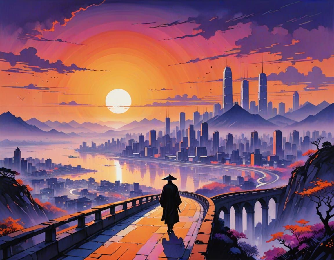 Futuristic Cityscape: Chinese Ink Painting in Vector Art