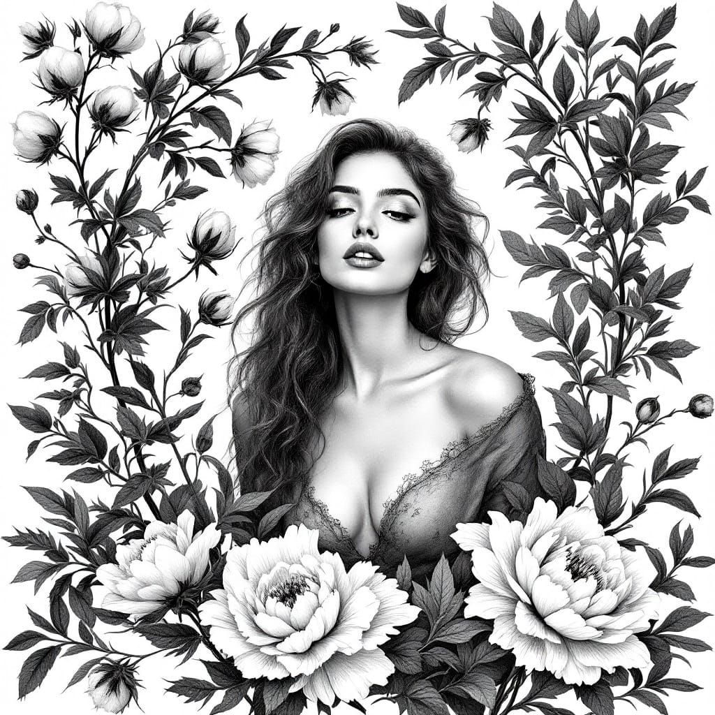 Woman in Botanical Frame: Vintage Engraving Style