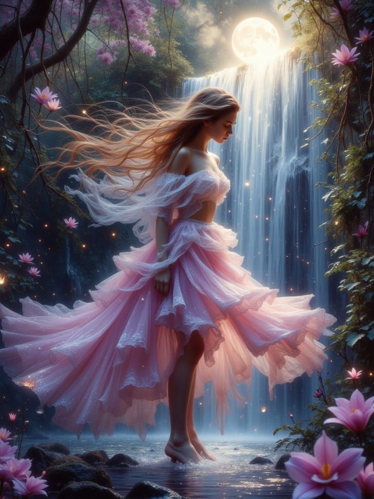 Ethereal Dreamscape: Girl Under Moonlit Waterfall