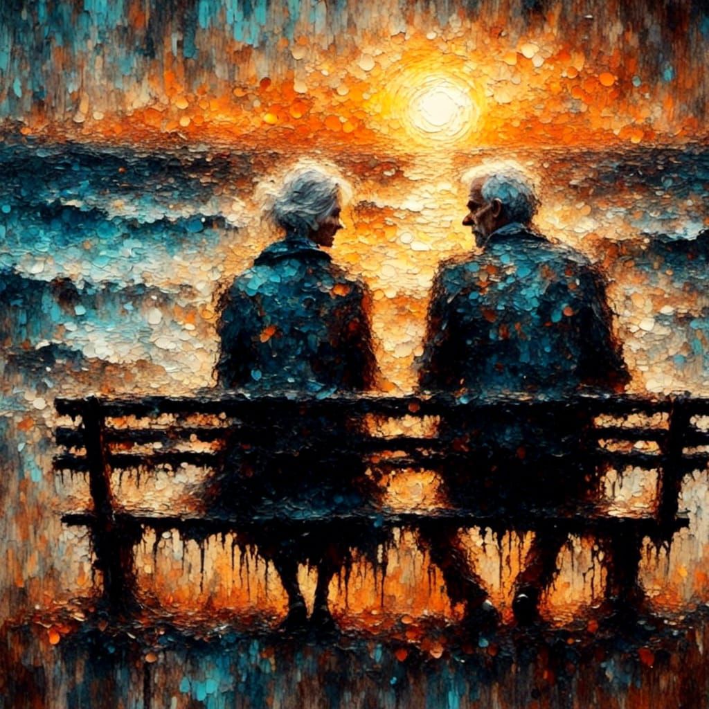 Elderly Couple Watching Sunset: Impasto Oil Painting
