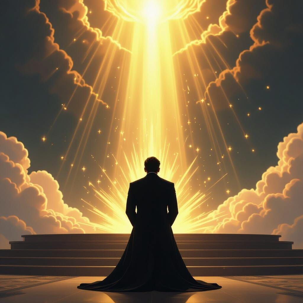 Man Bows to Divine Light in Epic Fantasy Illustration