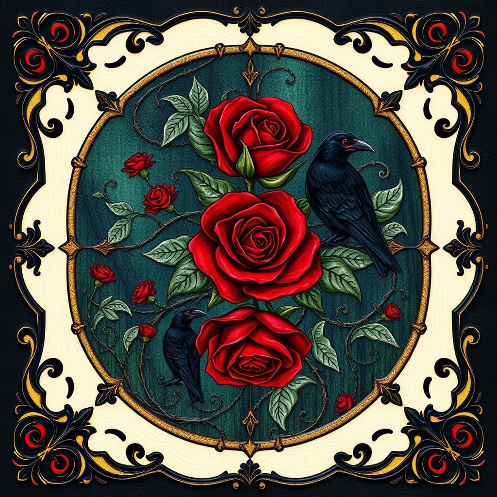 Victorian Gothic Playing Card Border with Roses and Ravens