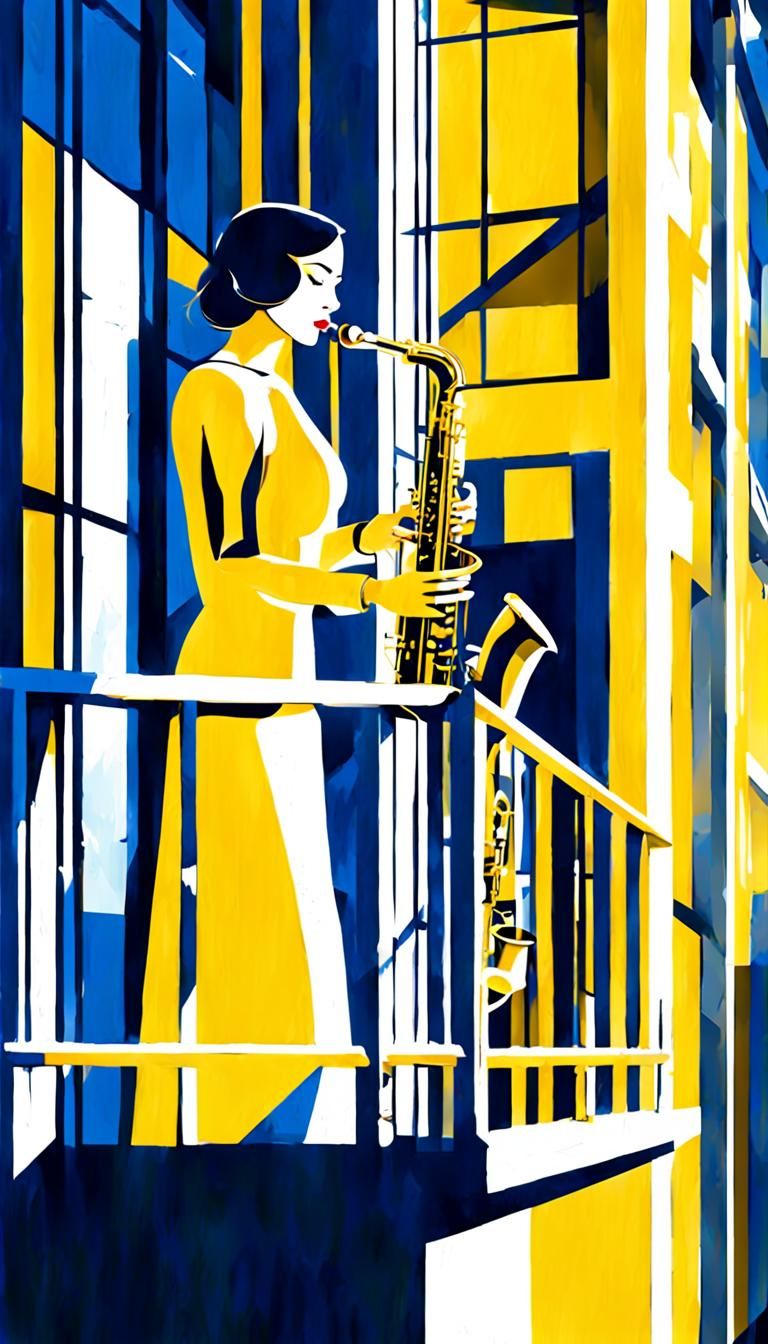 Art Deco Saxophone Player on Balcony