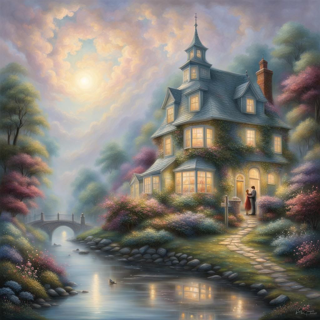 Ethereal Kiss in a Thomas Kinkade Style