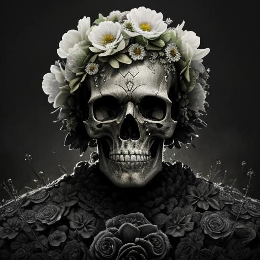 Hyperrealistic Skull Surrounded by Dewy Flowers