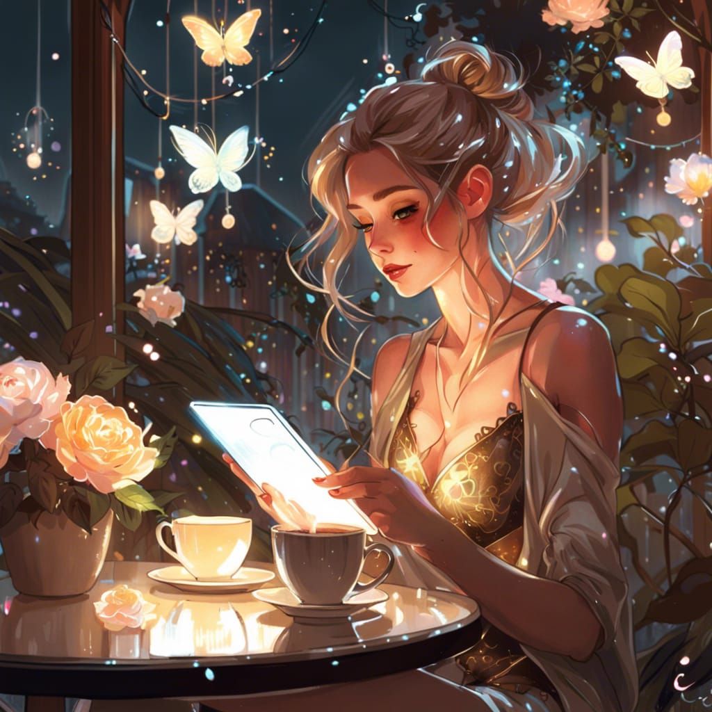 Fairy on Balcony with iPad, Digital Art