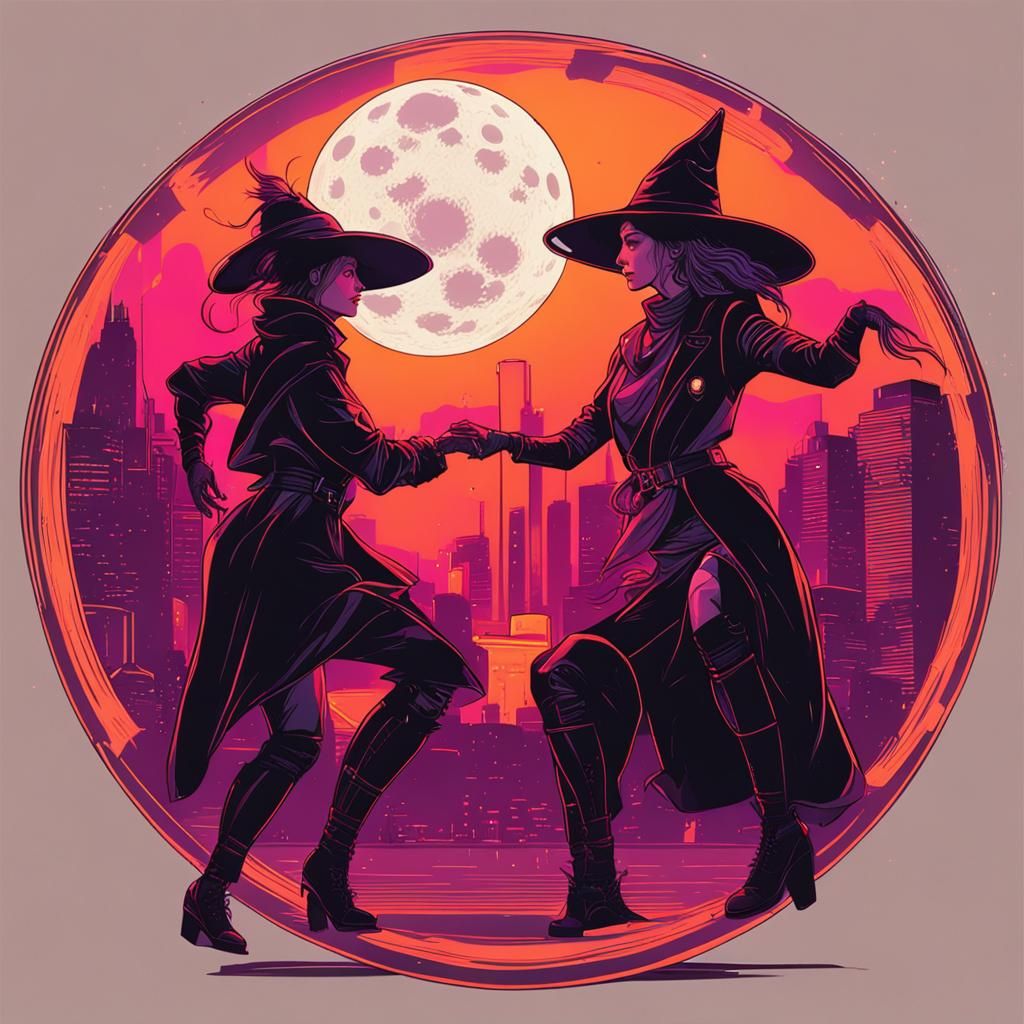 Cyberpunk Witches Dance Under Lunar Eclipse