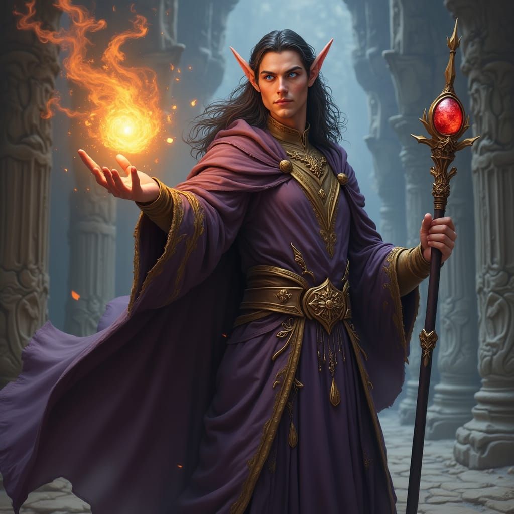 High Elf Wizard Casting Fireball in Dark Robes