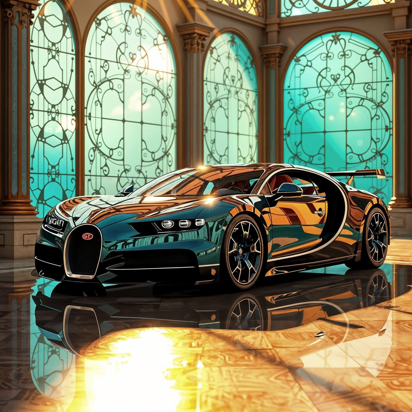 Luxury Bugatti Sedan in Vibrant Turquoise Art Deco Style