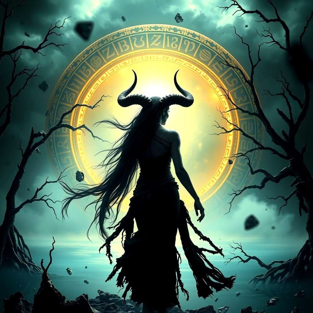 Horned Woman Enters Glowing Portal