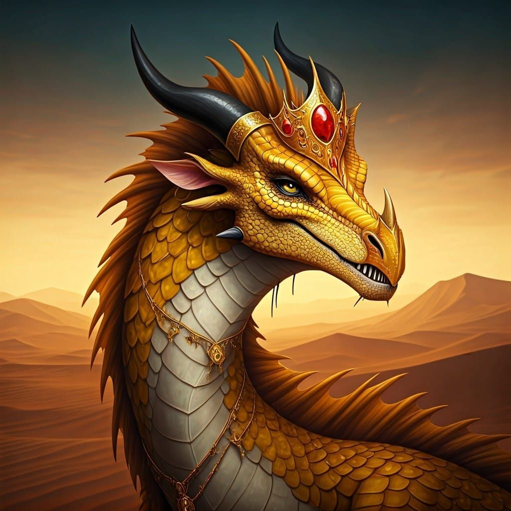 Golden Desert Queen Sandwing Dragon in Dreamlike Realism