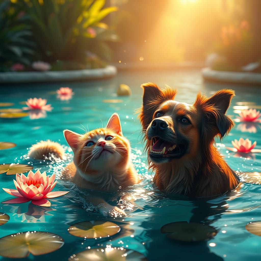 Sun-Kissed Cat and Dog Duo in Turquoise Pool Paradise
