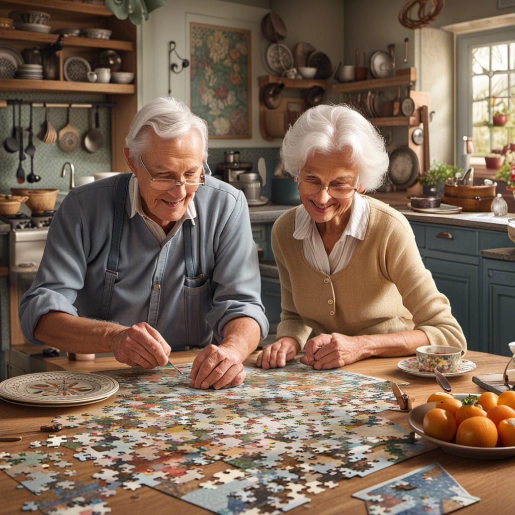 Quaint Kitchen: Older Couple Completing Jigsaw Puzzle
