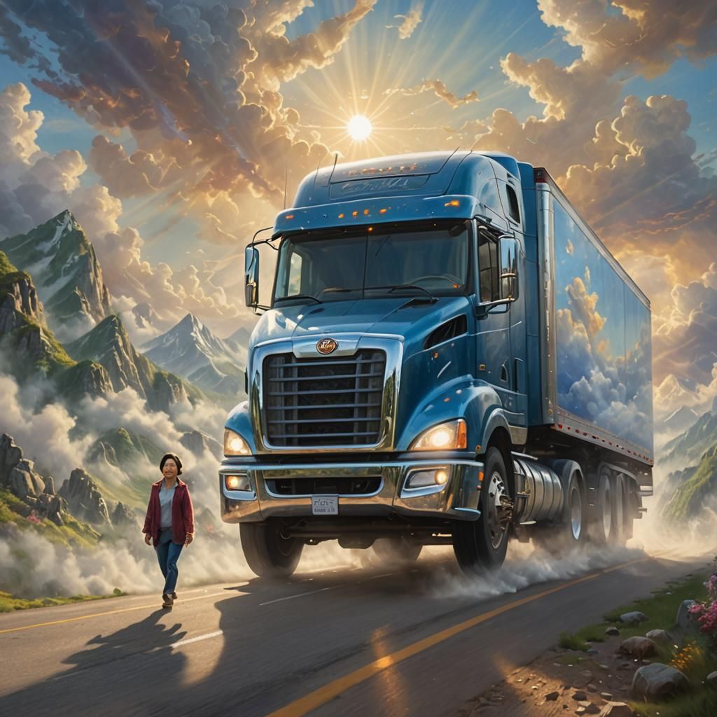 Asian Woman Driving Semi Truck in Thomas Kinkade Style