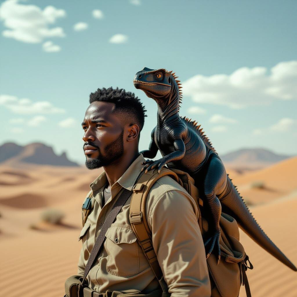 Man and Dinosaur in Desert: Cinematic Film Still