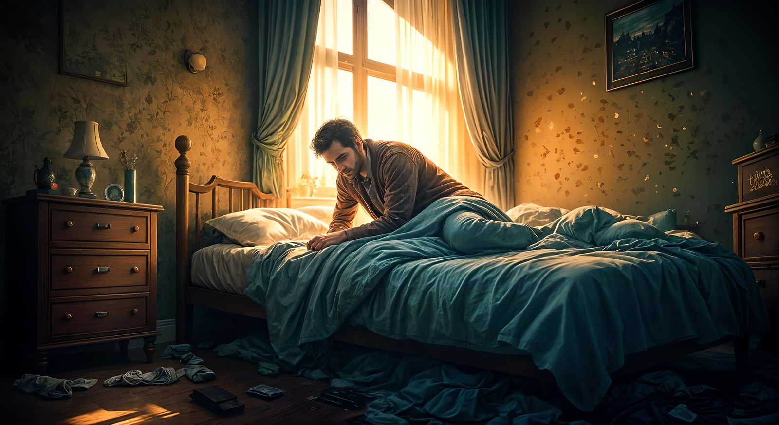 Man Searching Under Bed: Watercolor Painting