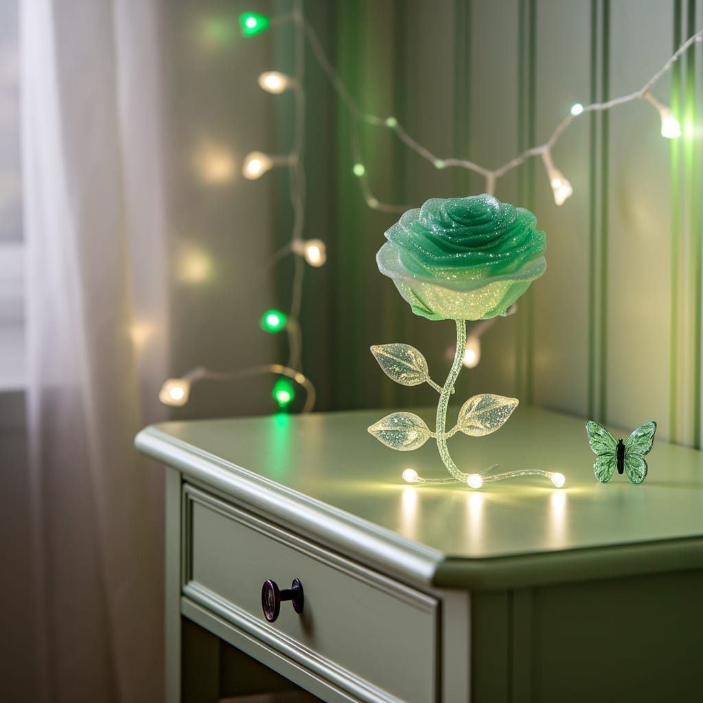 Enchanted Green Rose in Pastel Bedroom, Digital Art