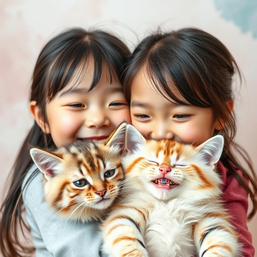 Cute Korean Girl and Kitten Cuddling with Braces